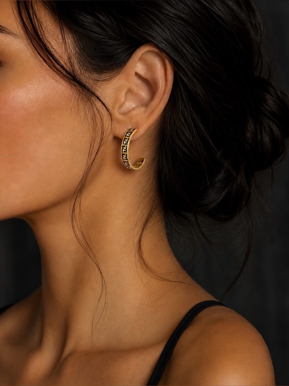 18K Gold and Black Fendi FF Pattern Hoop Earrings - Picture 2 of 7
